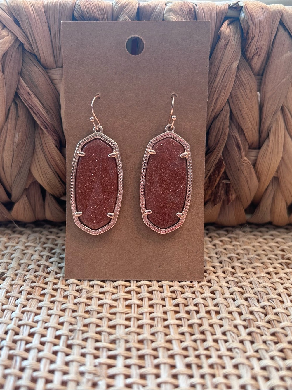 Kendra Scott Medium Rose Gold Tone & Sparkly Rust Brown Drop Wire Earrings
